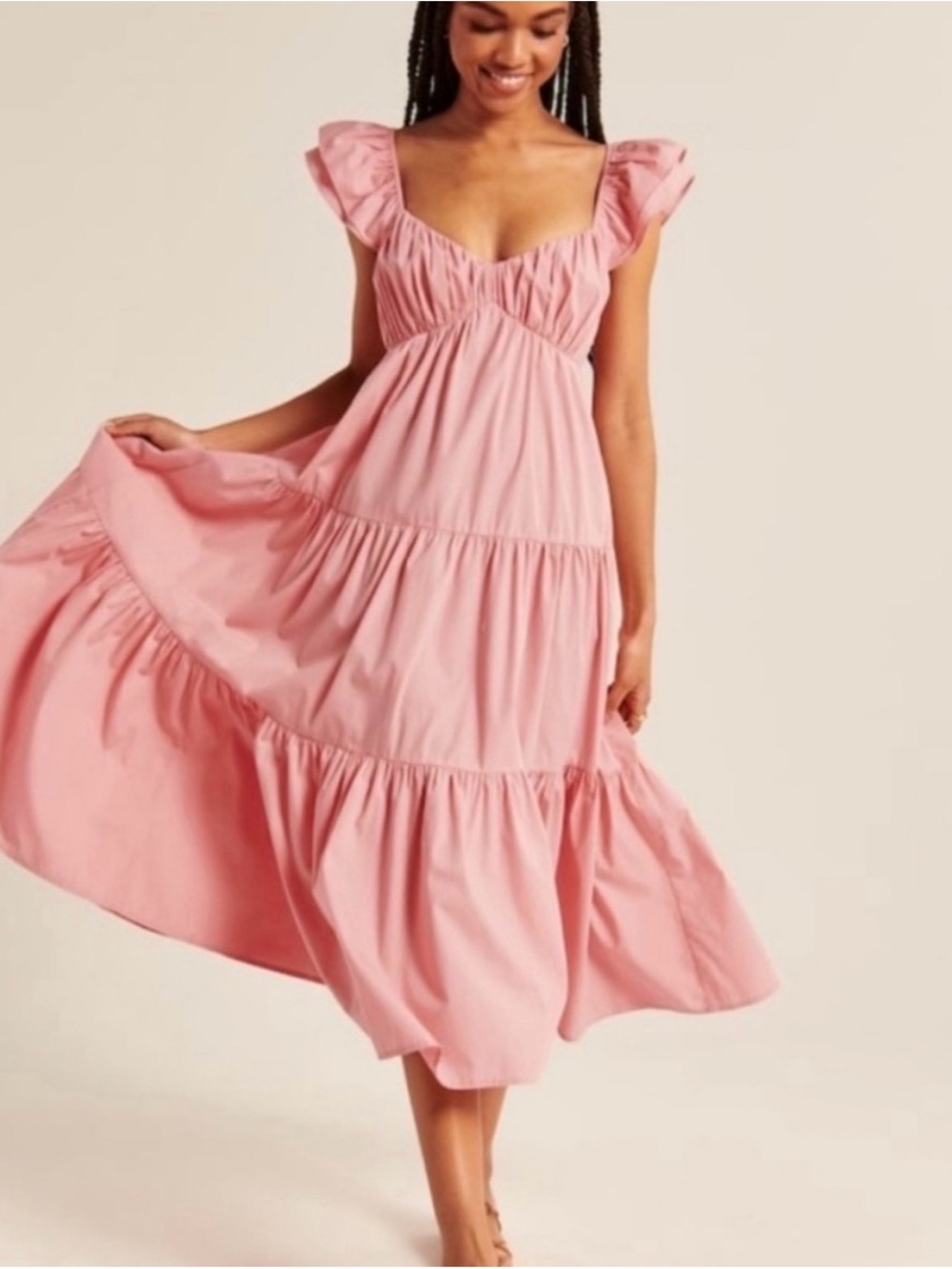 Abercrombie & Fitch Pink Midi Dress with Ruffle Sleeves - Size MT